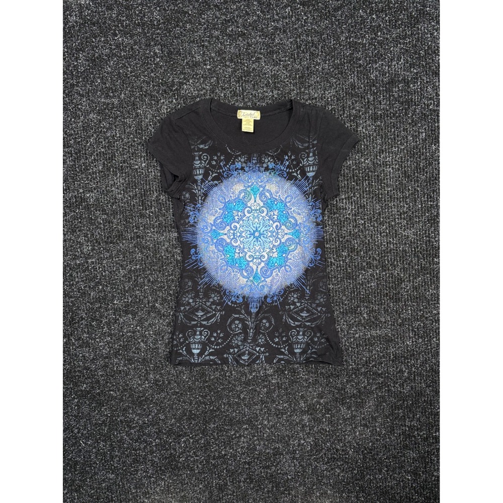 Twisted Courtesy Black Blue Foil Mandala Graphic Tee Shirt Juniors Medium Y2K